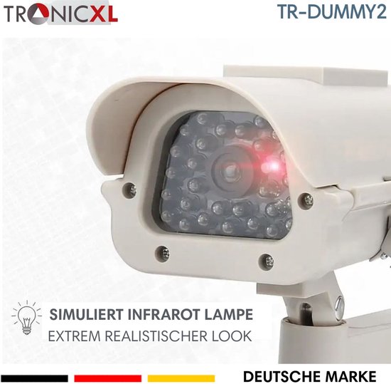 TronicXL Premium Solar Dummy - bewakingscamera CCTV met knipperende led I professionele CCD replica camera voor binnen en buiten – beveiligingscamera voor bewaking - outdoor - met zonnepaneel van TronicXL