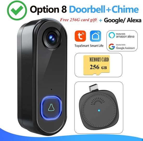 Trovado Video Deurbel met Camera + Wifi - bewegingssensor - Draadloos op Accu - Inclusief Draadloze Gong en 256GB SD Kaart - 1080P - Slimme Deurbel van Merkloos