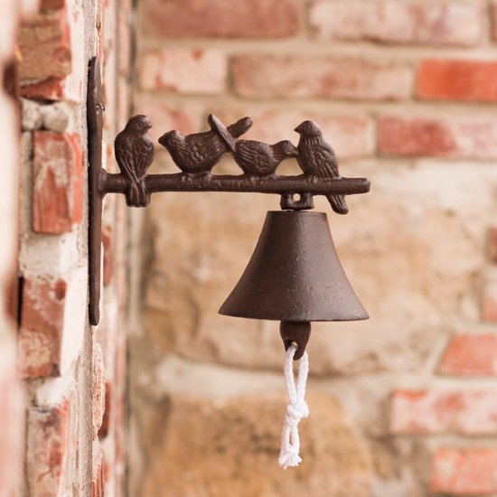 Tuinbel met vogels - Decoratieve bel - Landhuis sfeer - Gietijzer weerbestendig - 18.5 cm hoog - Antiek bruin