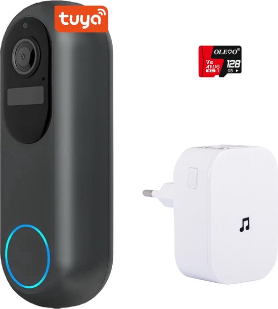 Tuya Video deurbel met Camera + WiFi | Bewegingssensor | Draadloos op Accu (9600 mAh) | 1080P Inclusief draadloze Gong en 128GB SD-kaart | Slimme Deurbel van Tuya