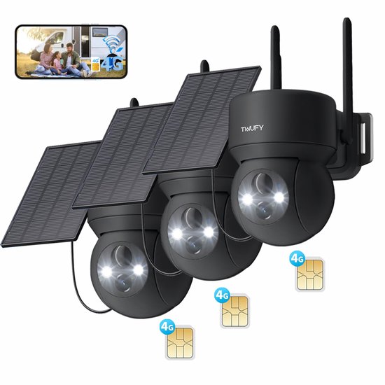 TWUFY 4G Beveiligingscamera Buiten met Simkaart - 2K Ultra HD - Beveiligingscamera Draadloos - BuitenGeen wifi nodig - Buiten camera met nachtzicht - Full HD - Bestuurbaar - Bewegingsdetectie - Gratis App - Incl. Zonnepaneel - 3 Stuks
