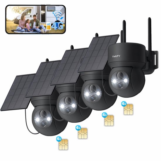 TWUFY 4G Beveiligingscamera Buiten met Simkaart - 2K Ultra HD - Beveiligingscamera Draadloos - BuitenGeen wifi nodig - Buiten camera met nachtzicht – Full HD – Bestuurbaar - Bewegingsdetectie - Gratis App - Incl. Zonnepaneel - 4 Stuks