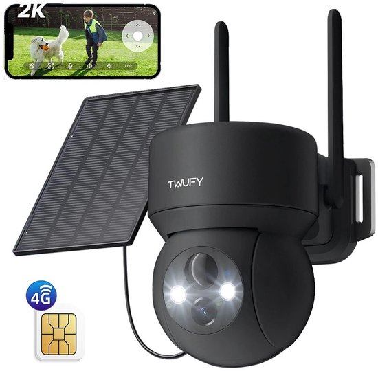 TWUFY 4G Beveiligingscamera Buiten met Simkaart - 2K Ultra HD - Beveiligingscamera Draadloos - BuitenGeen wifi nodig - Buiten camera met nachtzicht - Full HD - Bestuurbaar - Bewegingsdetectie - Gratis App - Incl. Zonnepaneel van Merkloos