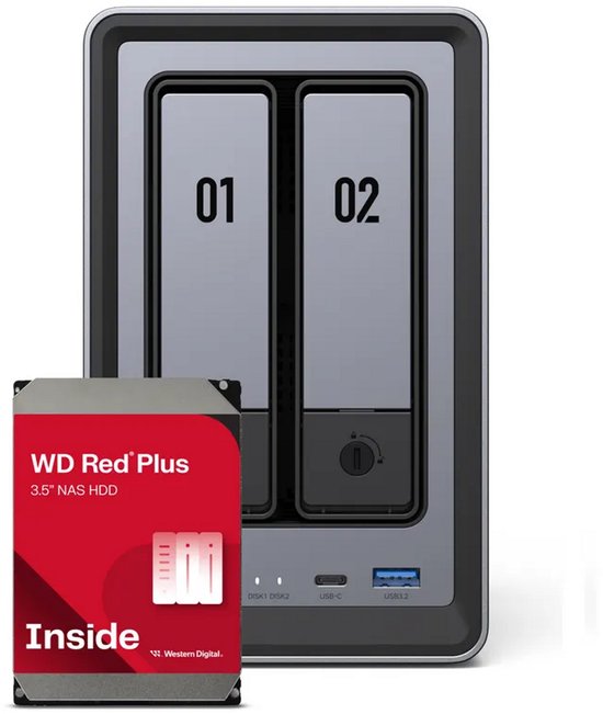 UGREEN NASync DXP2800 + 2x WD Red Plus 4TB HDD - NAS-server 2 bays - Intel N100 Quad core - 8GB DDR5 - Max. 64 TB - M.2, SATA - zwart van Ugreen