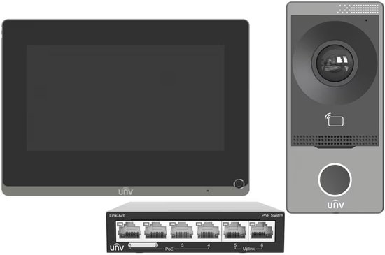UNV intercom systeem, set met binnen-, buitenpost en switch van Merkloos
