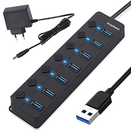 USB 3.0 Splitter 7 Poorts met 5V/2A Adapter en Individuele Aan/Uit-schakelaar van Merkloos