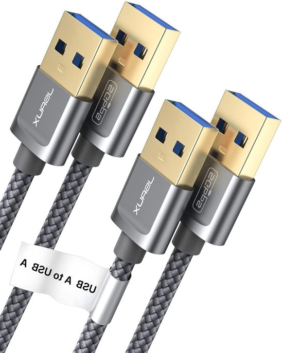 USB 3.0 Type A Male naar Male Datakabel, 2-pack (1M + 2M), Hoge Snelheid voor Externe Harde Schijf, Laptop en Blu-ray Speler, 1+2m Grijs