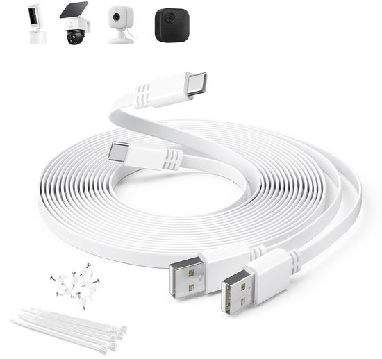 USB A naar USB C Oplaadkabel voor Beveiligingscamera 3M 2 Stuks,Wit - Lange Platte USB C Verlengkabel voor Blink Outdoor 4/Mini 2 2K+,eufy S3 Pro,3C/S300,SoloCam S340/S220/C210/S40,Tapo C120,Ring