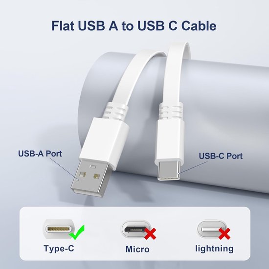 USB A naar USB C Oplaadkabel voor Beveiligingscamera 5M 2 Stuks,Wit | Lange Platte USB C Verlengkabel voor Blink Outdoor 4/Mini 2 2K+,eufy Cam S3 Pro,3C/S300,SoloCam S340/S220/C210/S40,EZVIZ H6