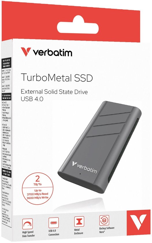 Verbatim TurboMetal Serie - Externe SSD - 2TB - USB4 Type-C - Grijs van Verbatim