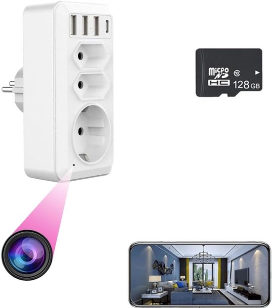 Verborgen Camera Adapter - Spycam Stopcontact - Binnenbeveiliging Thuis - Met 3 USB en Type C - EU Stekker - Wit