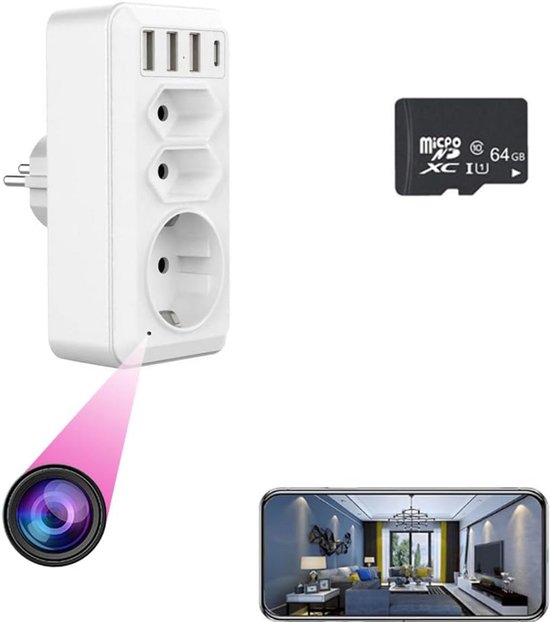 Verborgen Camera in EU Stopcontact met 3 USB-poorten en Nachtzicht - Wifi Opname
