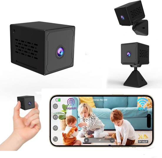 Verborgen Camera - Mini Spycam - Beveiliging Binnen Buiten - 4K Groothoek Nachtzicht - 43x34x34 mm - Zwart