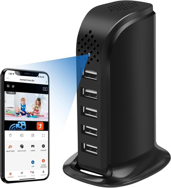 Verborgen Camera - Mini Spycam - Ruimte Beveiligen - 5G WiFi Oplader - 10 x 4 x 3 cm - Zwart