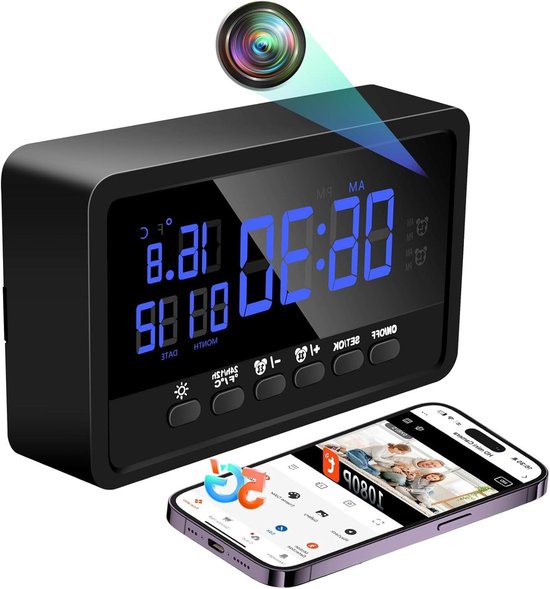 Verborgen Wekker Camera - Mini Spionage Camera - Huis Beveiliging - Dual Band WiFi - 1080P HD - Zwart