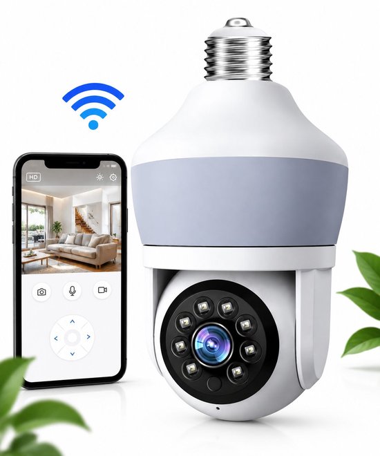VHV - Beveiligingscamera - Beveiligingscamera binnen - Gloeilamp - Outdoor - Eenvoudige installatie - Draadloos - WiFi - 355 ° Draaibaar