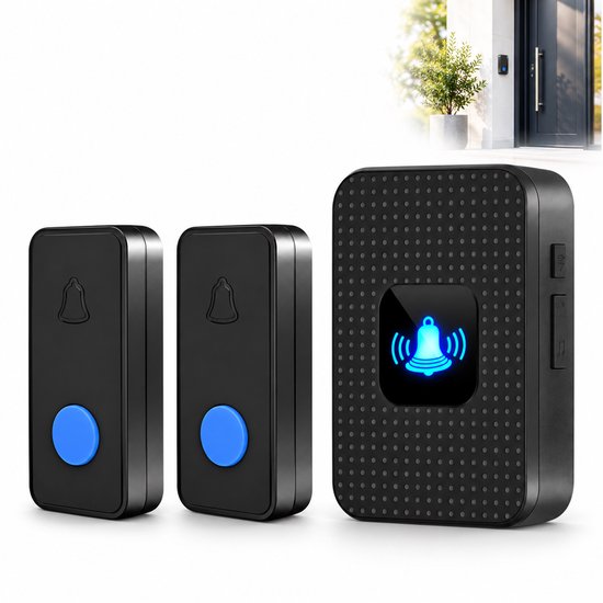 VHV - Draadloze deurbellenset met 2 zenders en 1 ontvanger – Bereik van 300 m – IP55 waterdicht (buitengebruik) – 38 melodieën met LED-flits – Zwart