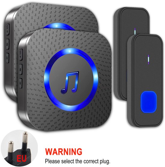 VHV Wireless Doorbell - Waterproof - 400 m Range - Wireless Outdoor Bell - with 2 plug-in receivers and 2 Transmitter - Works on 55 melodies - LED flash Doorbell - Black