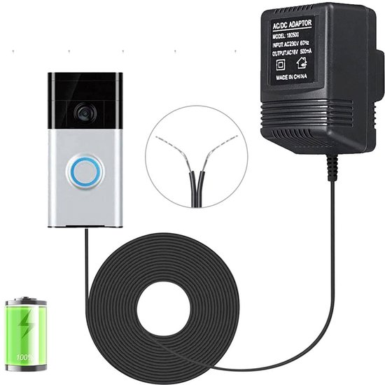 Video-deurbel adapter - Deurbelvoedingsadapter - 5 meter kabel - 230V-18V - AC230V, 50Hz, 500mA - Deurbelvoeding - Deurbelvoedingsadapter - Universele transformator - Speciale transformator voor deurbellen - Zwart