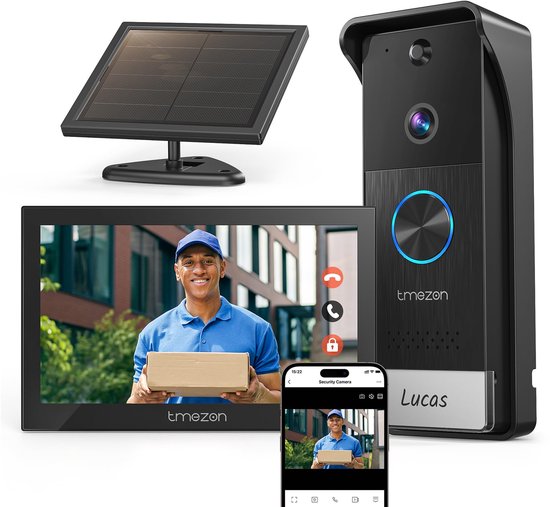 Video Deurbel Draadloos Met Zonne-energie - 7 Inch Touchscreen - 1080p HD Camera - ABS Kunststof - Buitenbeveiliging - Intercom