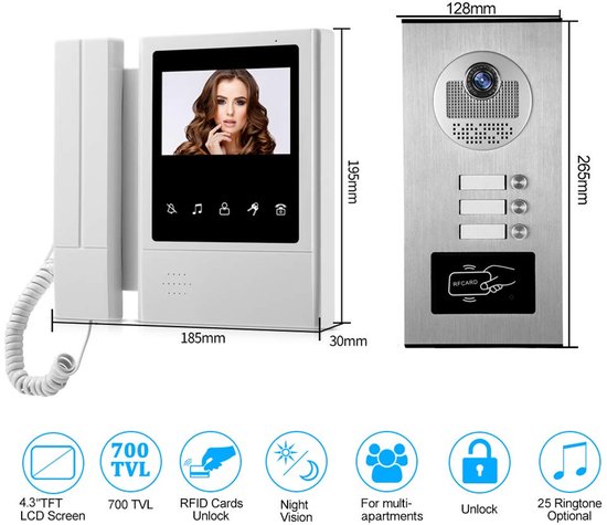 Video Deurbel Intercom 4,3 Inch Kleuren - 700TVL Resolutie - Nachtzicht - Bekabeld - Voor 3 Appartementen - Met 2-Wegs Audio