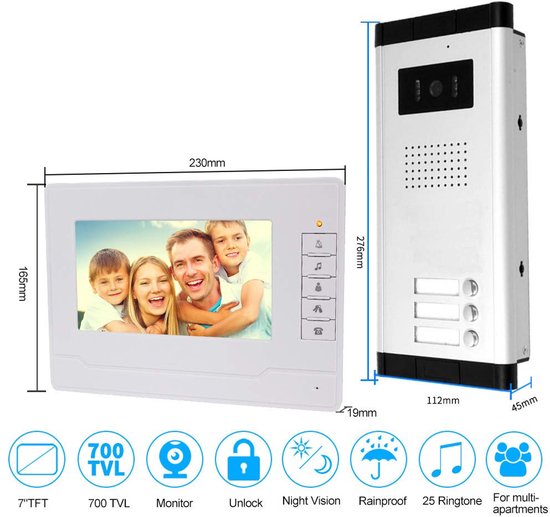 Video Deurbel Intercom Bekabeld - 7 Inch Monitor - 3 Appartementen - 1200 TVL Camera - Aluminium - Voor Villa's En Kantoren