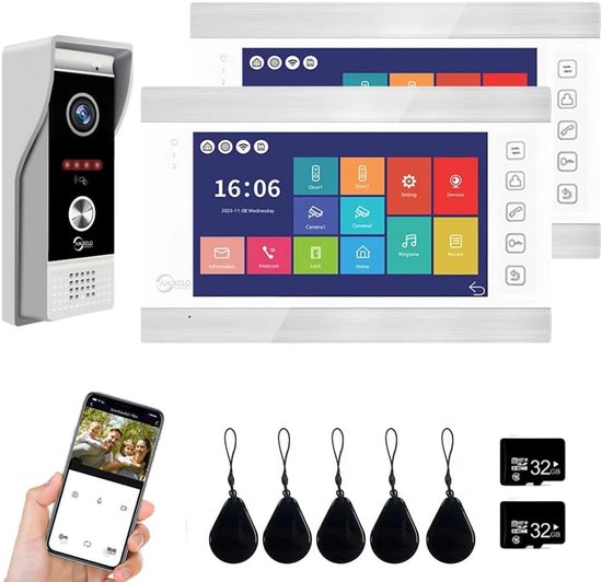Video Deurbel met Monitor Binnen/Buiten - Bedraad WiFi Intercomsysteem 7 Inch, 1080P Camera & Toegangskaart