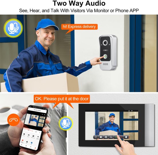 Video Deurbel Wifi 7 Inch Touchscreen - 1080p HD Camera - 2-wegs Audio - Buitenbeveiliging - Wandmontage - Waterdicht - Met App Ontgrendeling