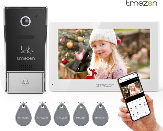 Video Deurbelset - 1 Monitor 1 Deurbel - 7 Inch Touchscreen - 1080P Resolutie - Wifi - Met Intercom - Wit - Voor Wandmontage