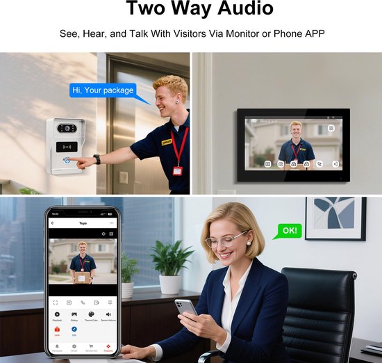 Video Deurbelset 2-draads WiFi - 7 Inch Touchscreen - 1080p HD Camera - Wit Zwart - Voor Buiten - Intercom Systeem