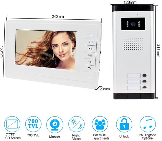 Video Deurbelset 7 Inch - Bekabeld Systeem - 700TVL Nachtzicht Camera - Kunststof Metaal - Voor Binnen - Deurintercom