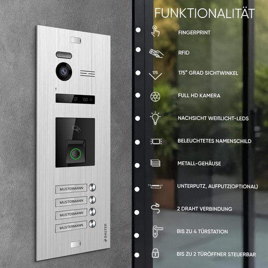 Video Deurbelset Full HD - Vingerafdruk En RFID Veiligheid - 4x 7 Inch Wifi Monitoren - Metaal - Voor Binnen En Buiten
