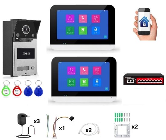 Video Deurbelset - Wifi Met 1 Videodeurbel En 2 Touchscreens - 1080p Resolutie - Acryl En TFT Display - Voor Binnen En Buiten