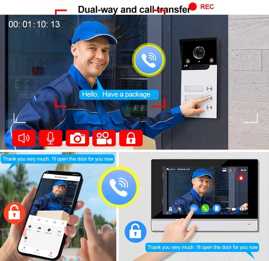 Video Deurintercom 7 Inch Touchscreen - Bedraad 1080p - 12 Volt - IR Sensor - Voor 3 Gezinnen