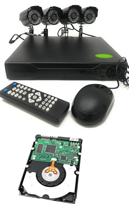 Videobewakingsset 500 GB - 4 Kanalen - 720p Resolutie - Bedraad - Zwart - Met Nachtvisie