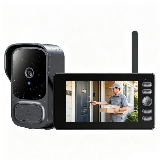Videodeurbel draadloos met 4,3 inch monitor, 120° camera, nachtzicht, 2-wegcommunicatie, actieve camerabewaking, zonder wifi, app of abonnement, voor huis, appartement en kantoor
