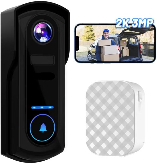 videodeurbel draadloos met bel, 2K 3MP WiFi-camera, 10000 mAh-batterij, PIR-bewegingsdetectie, spraakbericht, nachtzicht, 2-weg audio, IP67, ondersteunt SD-kaart & cloudopslag, zwart van Merkloos