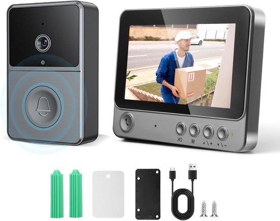 Videodeurbel met camera - Draadloze deurbel - Veiligheid thuis - IP65 waterdicht - 4.3 inch scherm - Grijs