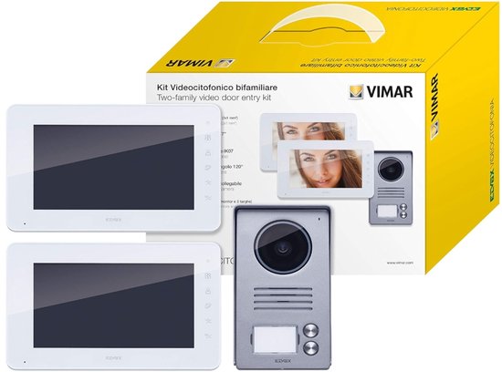 Vimar K40931 2-familie video-ingangskit met: 2 handsfree 7" LCD-video-ingangen, 2-knops audio-/video-ingangspaneel, 2 voedingseenheden, met bevestigingsbeugel