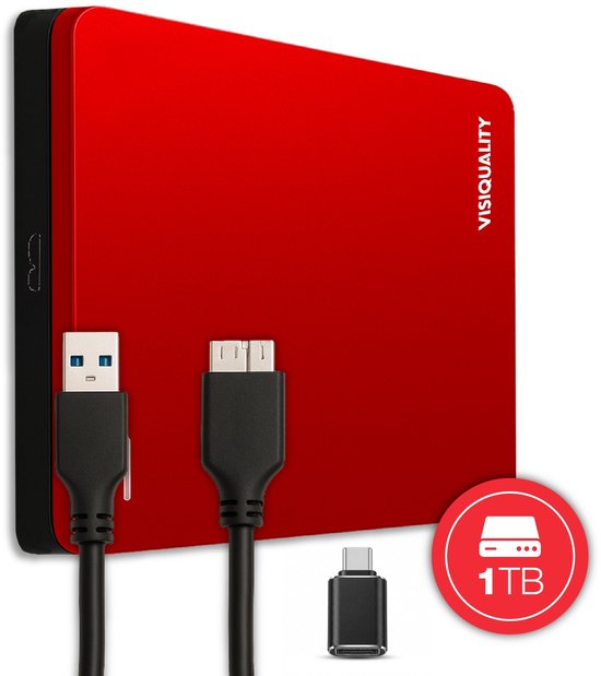 VisiQuality High-Speed Externe Harde Schijf 1 TB - Draagbare Harde Schijf USB 3.0 - Voor Windows & Mac - Xbox & PS4 games - Compact - Met handleiding - Rood van Merkloos