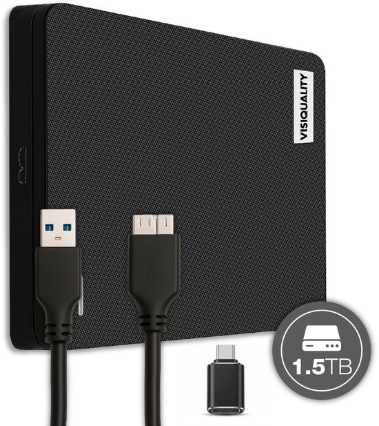 VisiQuality High-Speed Externe Harde Schijf 1.5 TB - Draagbare Harde Schijf USB 3.0/C - Voor Windows & Mac - Geschikt voor Gameconsoles - Compact - Met handleiding - Zwart