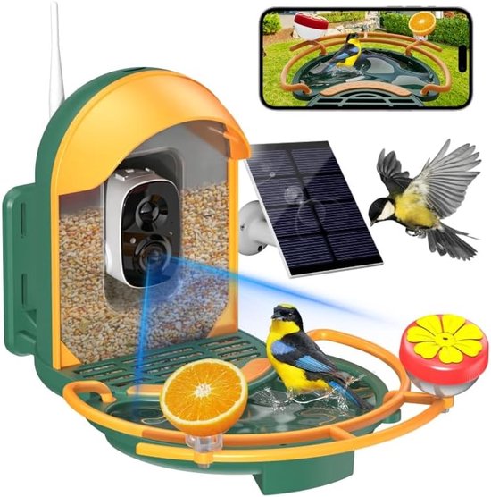 Vogelvoeder met camera, slimme vogelvoeder met camera op zonne-energie, 2K HD-video, AI-identificatie, directe aankomstmeldingen, IP66 vogelbad en voederbak, cadeau voor vogelliefhebbers (inclusief vogelbad, donkergroen)