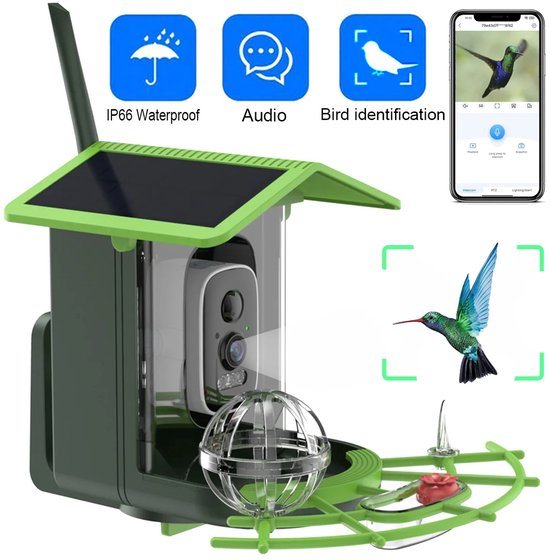 Vogelvoederhuisje met Camera en 32GB SD-kaart - Draadloze WiFi Vogelcamera op Zonne-energie - 4MP 2K HD Beeld - Bewegingsdetectie, App-meldingen & Vogelherkenning - Buiten Beveiligingscamera Vogels Kijken & Filmen van Merkloos
