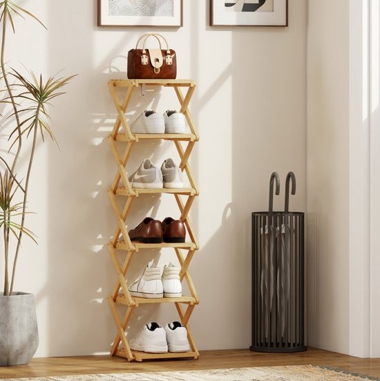 VUENOR Klapbaar Schoenenrek 30 x 29 x 108 cm - bamboe naturel, 6 niveaus, 9 paar