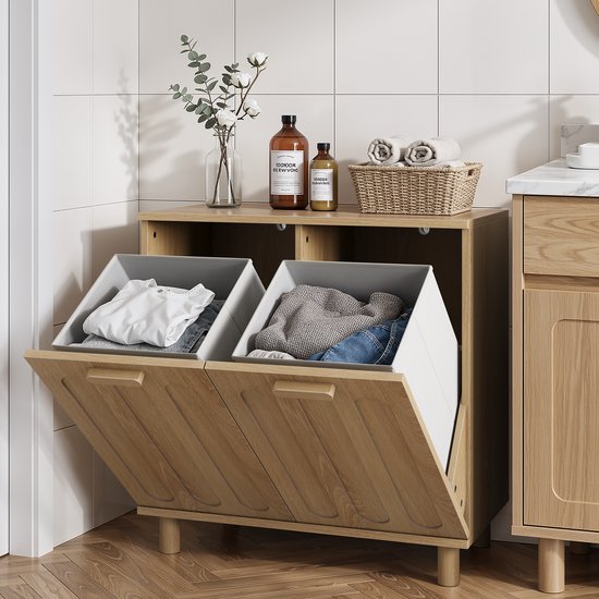 Waskast Met 2 Uitschuifbare Wasmanden – 66 x 35 x 67 cm – MDF – Eiken – Voor Badkamer En Wasruimte