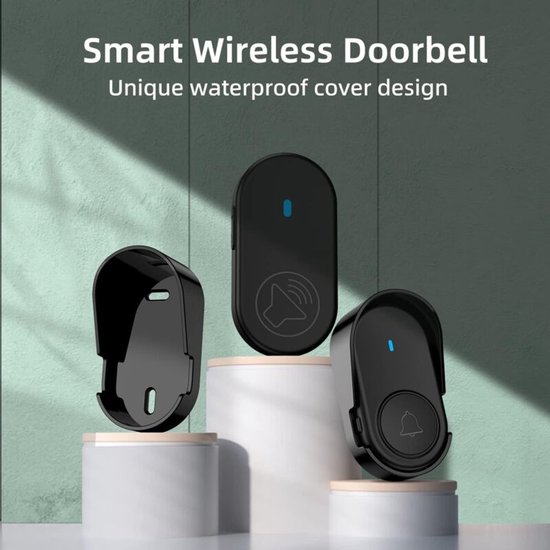 Waterdichte draadloze buitendeurbel, IP66 waterdichte deurbelset, 2 ontvangers, 1 zender (zwart)