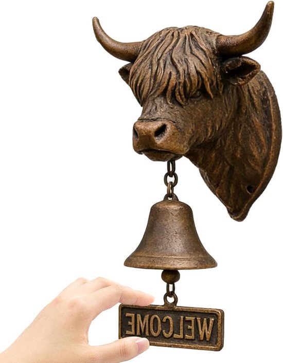 Welkom Deurbel Koe - Wanddecoratie Figuur - Entree Verfraaien - Realistisch Geweven Design - 25 x 30 cm - Bruin