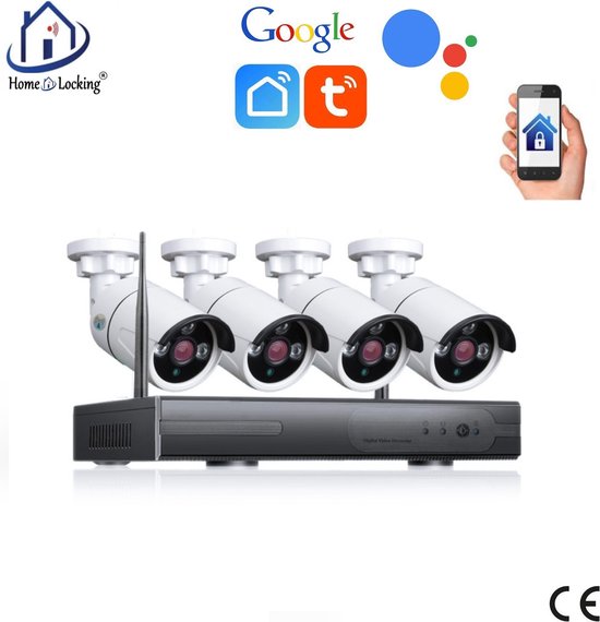 WiFI camera set van 4 bullet ip-camera's 2.0MP met NVR draadloos met bediening via APP en kan werken met spraakgestuurde apps. T-2056 van Technaxx