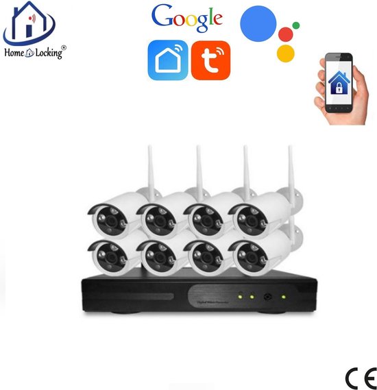 WiFI camera set van 8 bullet ip-camera's 2.0MP met NVR draadloos met bediening via APP en kan werken met spraakgestuurde apps. T-2057 van Technet.