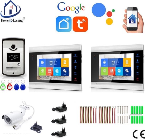 WIFI videofoon met 1 deurbel camera + 2 binnen paneel/schermen + camera en kan werken met spraak gestuurde apps.. T-2102-1-2-C. van Smartwares
